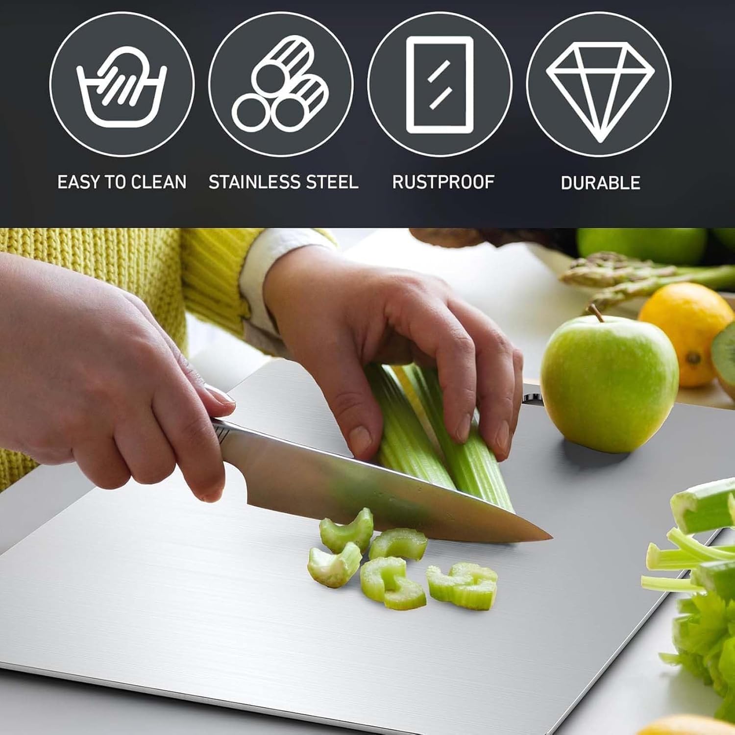 Stainless steel chopping board designed for easy cleaning and durability