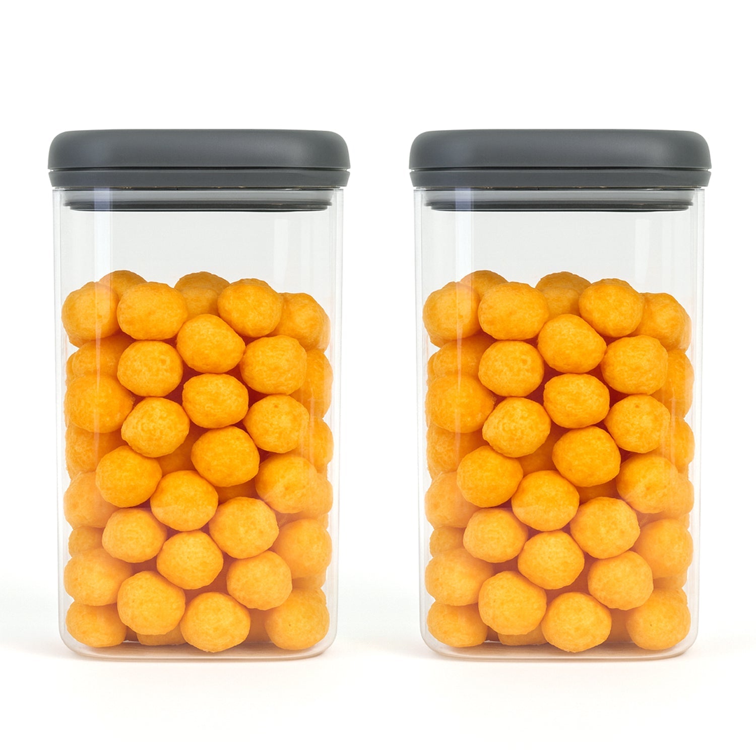 Slim cylindrical kitchen storage boxes with clear bodies and black lids