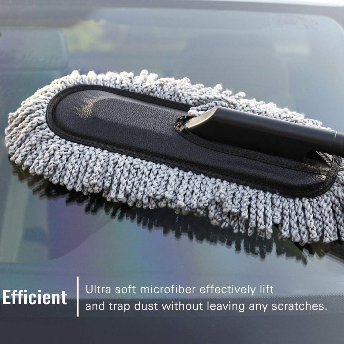 A gray and black microfiber car duster cleaning a car's roof, with text highlighting its ultra-soft microfiber for efficient