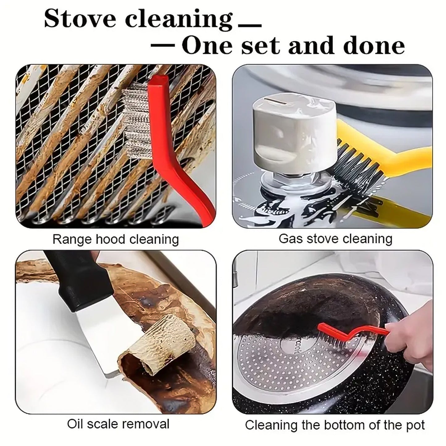 A collage of four images showing the cleaning set being used for various tasks: range hood, gas stove, oil scale, and pot