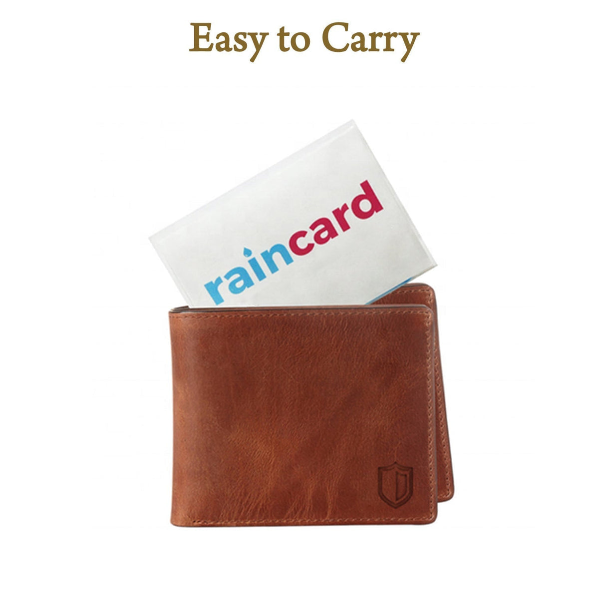 A brown leather wallet with a 'raincard' peeking out, against a white background with 'Easy to Carry' text.