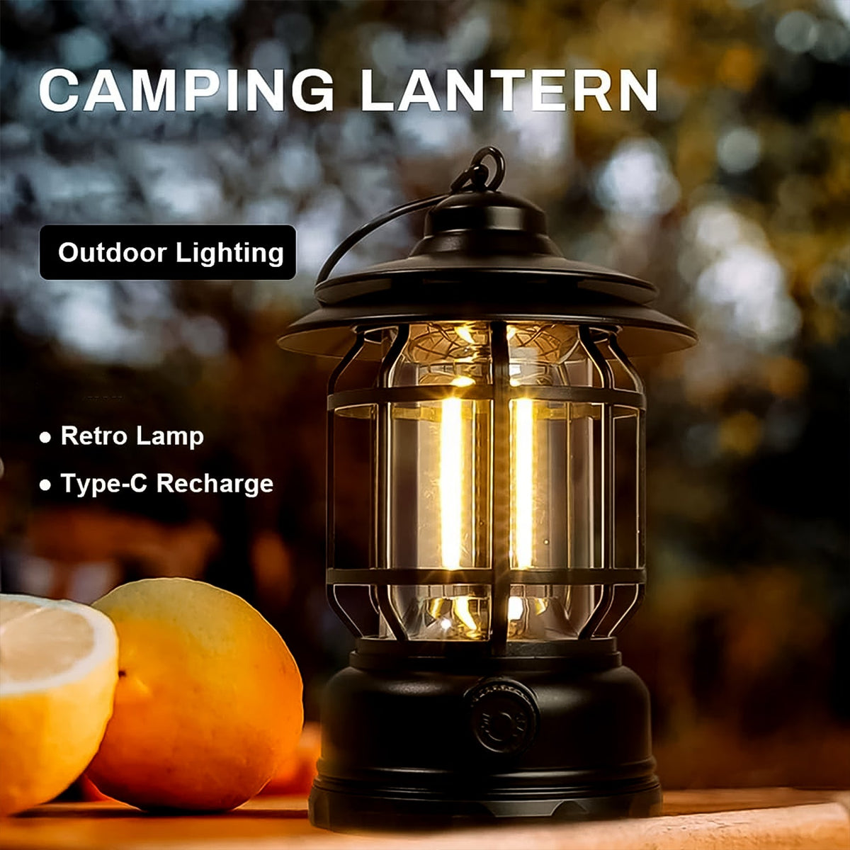 A black retro LED camping lantern with a bright glow sits on a wooden surface next to sliced fruit, with text overlay.