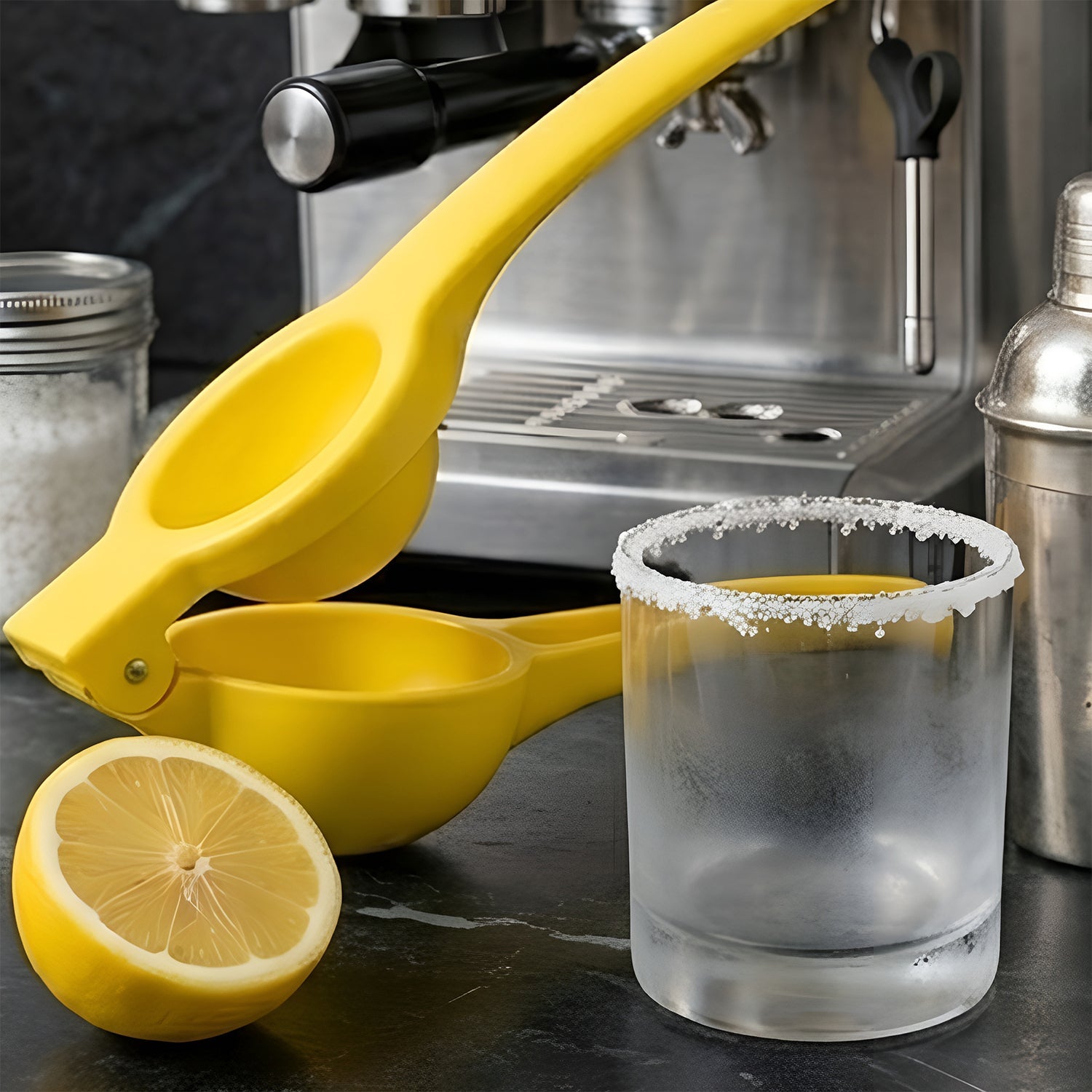 A yellow lemon squeezer shown on a white background with a black line indicating its 20 cm length.