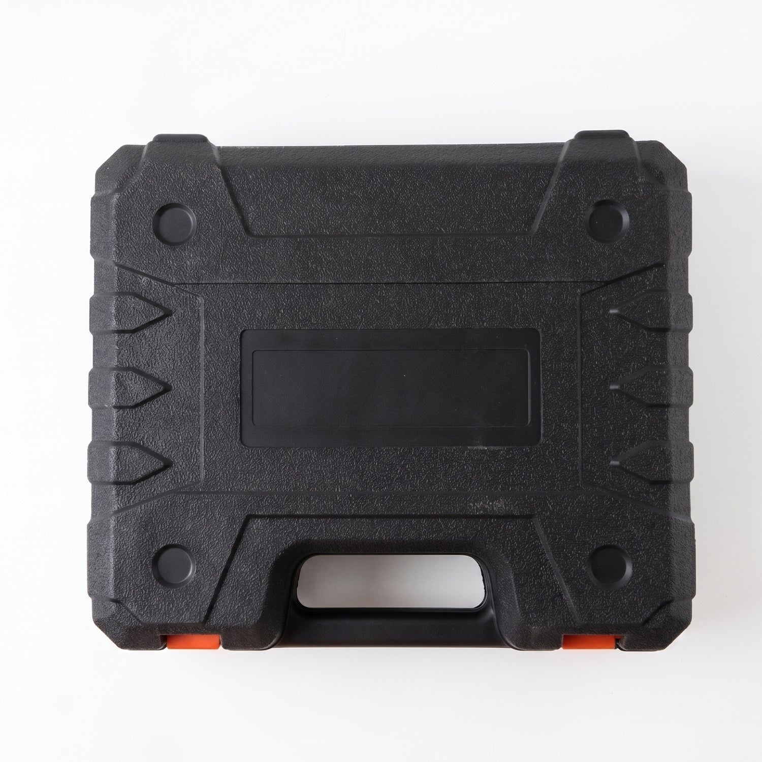 A closed black plastic carrying case with orange latches, viewed from directly above on a white background.