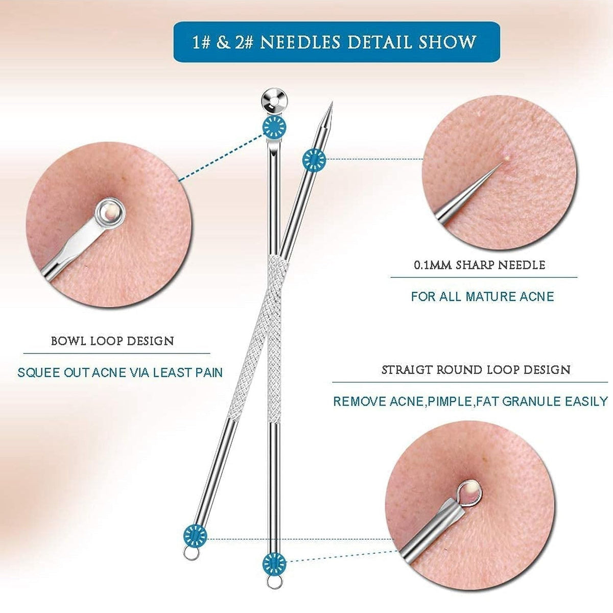 A detailed diagram shows two stainless steel tools with close-ups of their ends on skin, explaining their functions.