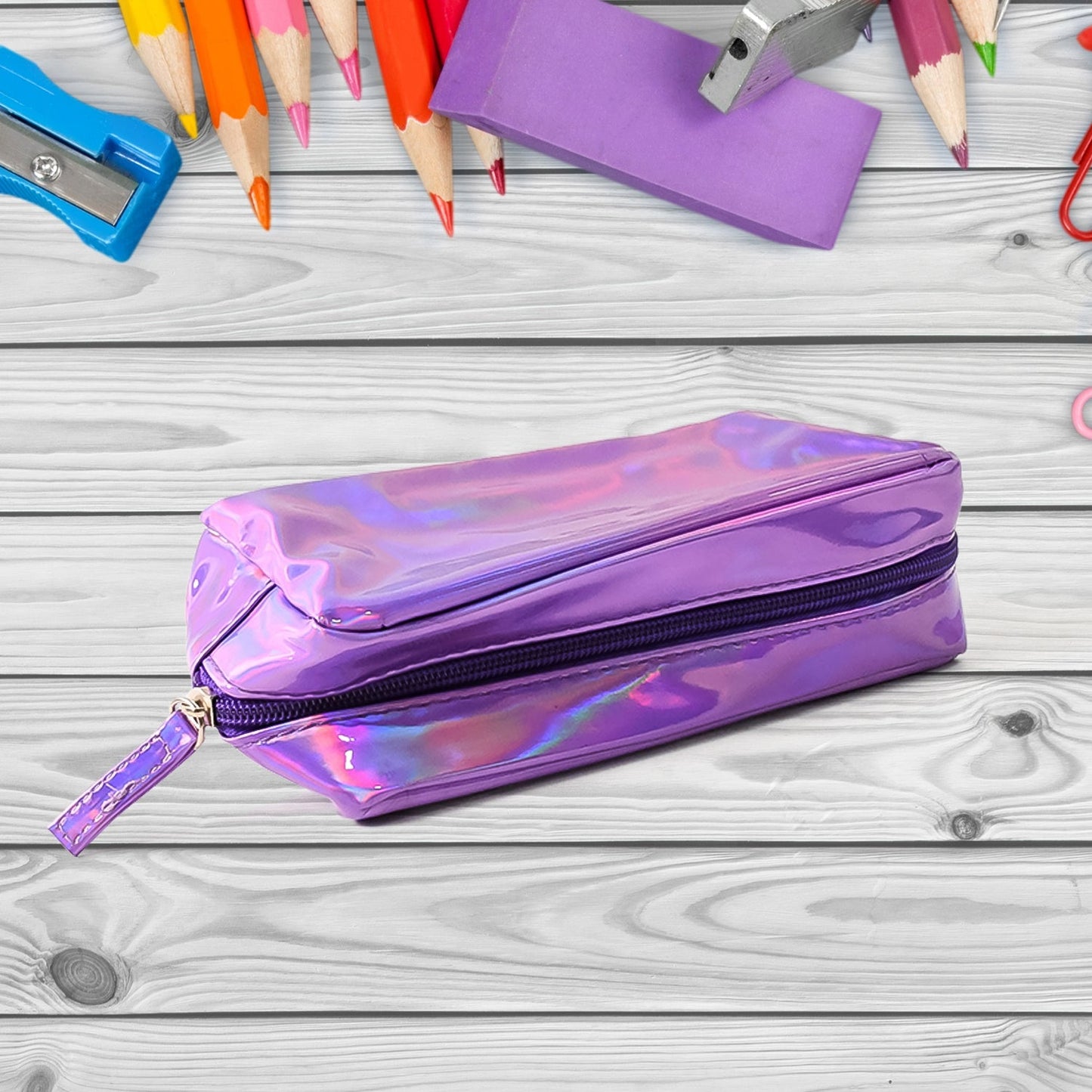 Iridescent holographic cosmetic pouch designed for women and girls