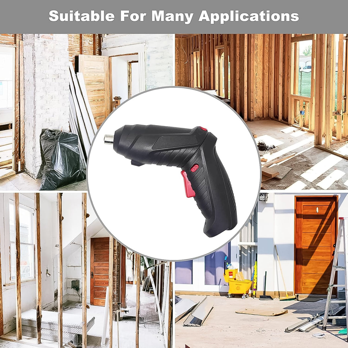 A central image of the black electric screwdriver is surrounded by four different construction site scenes, illustrating its