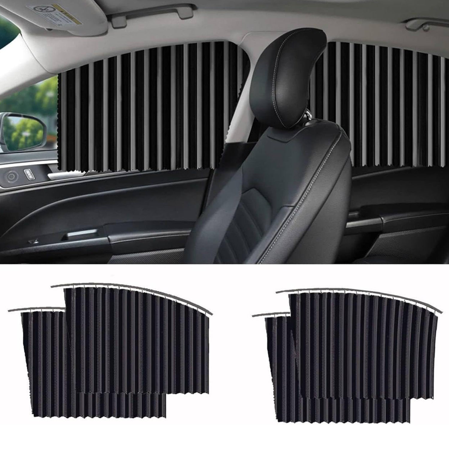 Driver's perspective with the car window curtain installed, showing it does not obstruct rearview.