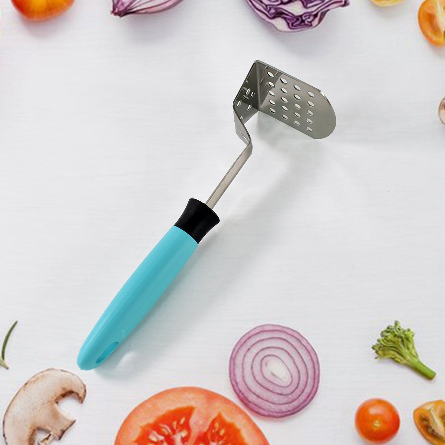 Side profile of Apex L-handle stainless steel potato masher