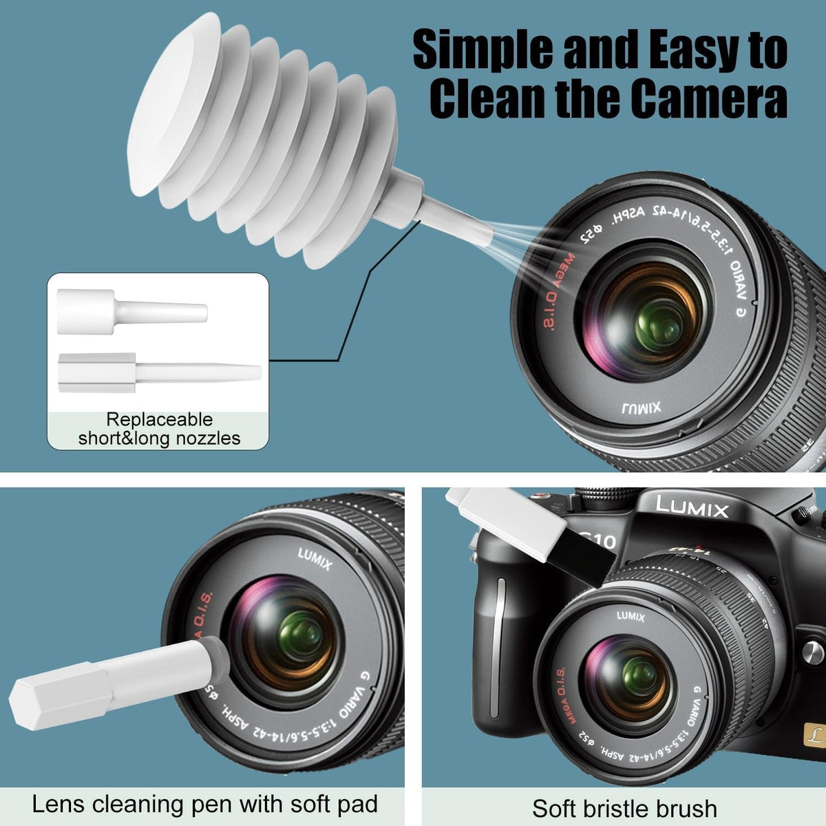Three insets demonstrating camera cleaning with a white air blower, lens cleaning pen, and soft bristle brush.