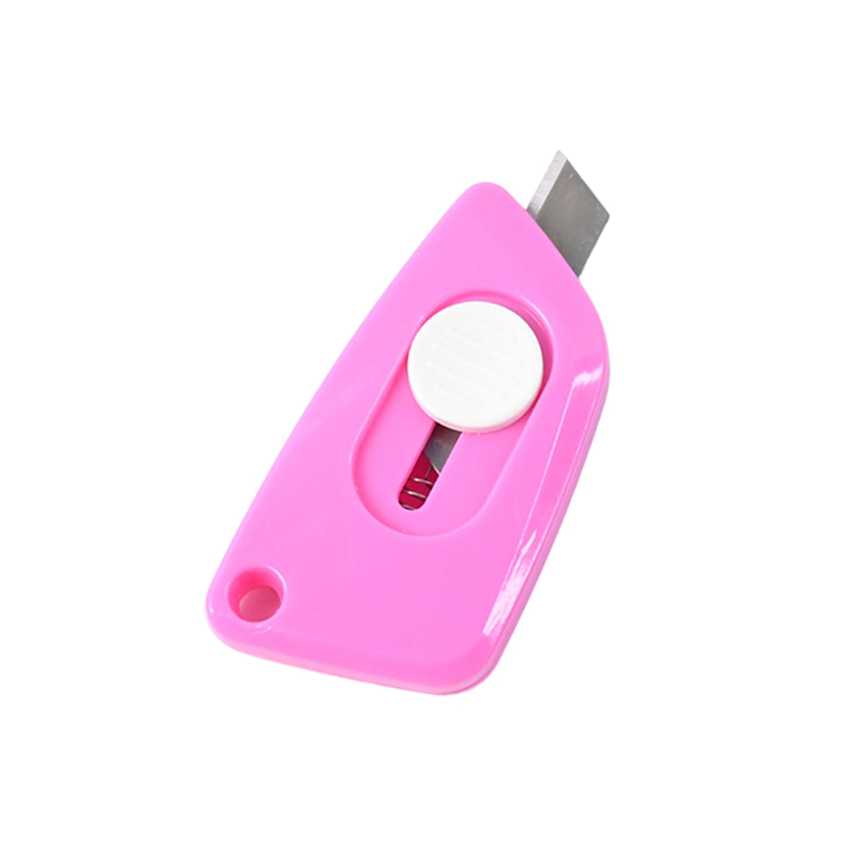 A pink retractable utility knife with a white slider and exposed blade on a plain white background.
