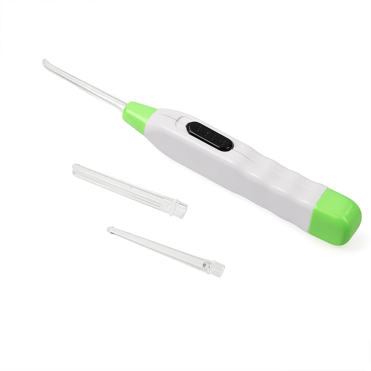 A white and green LED flashlight earpick with a clear curved tip is displayed with two additional clear straight tips on a