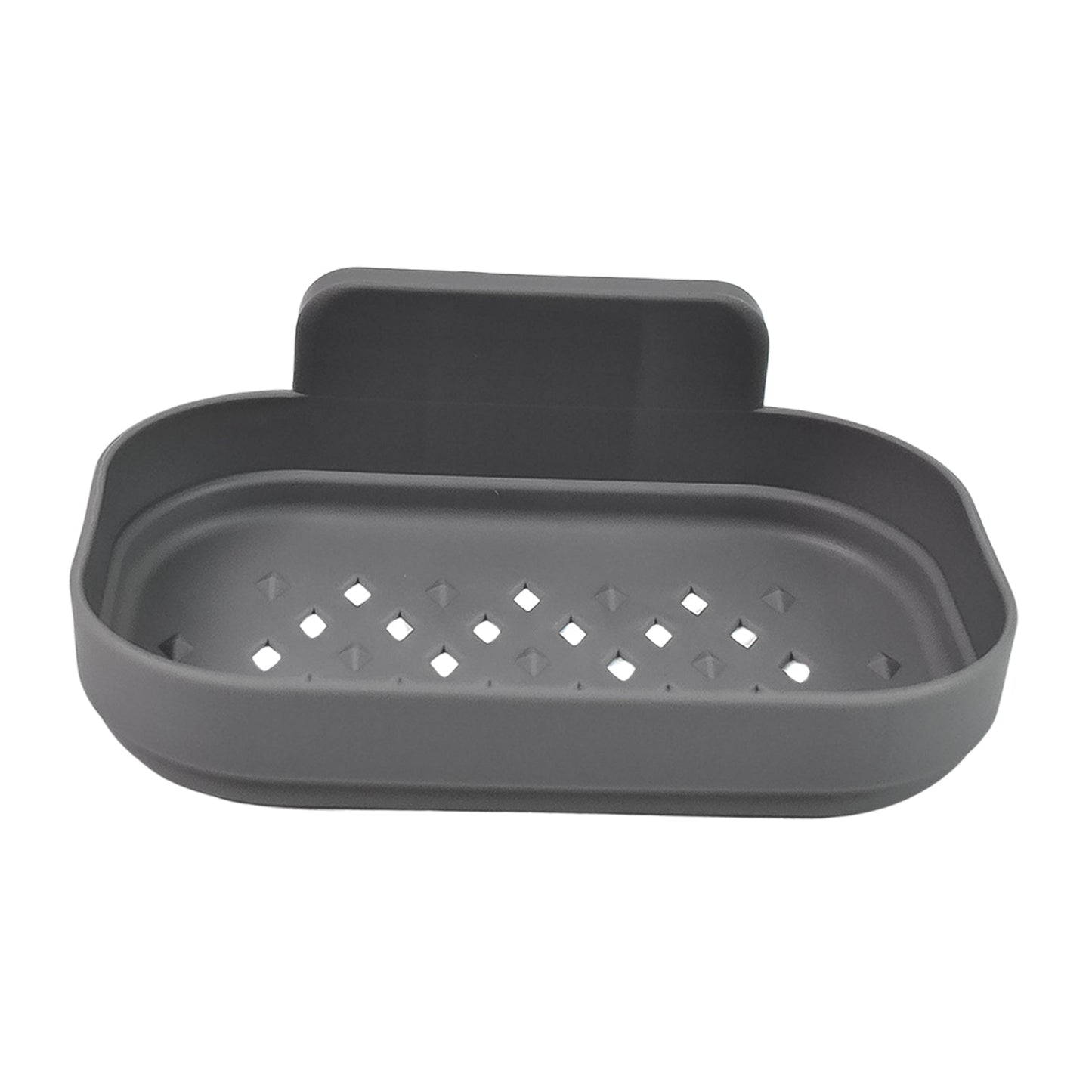 A gray self-adhesive soap dish with diamond-shaped drainage holes is shown on a white background.