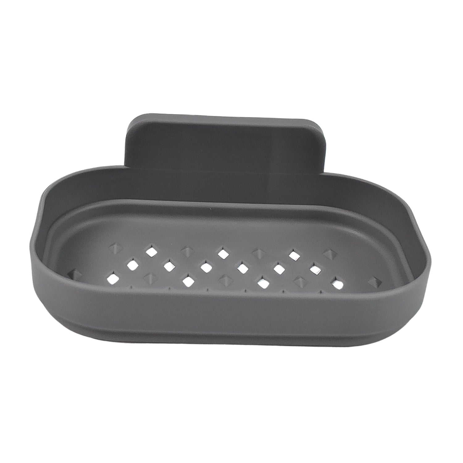 A gray self-adhesive soap dish with diamond-shaped drainage holes is shown on a white background.