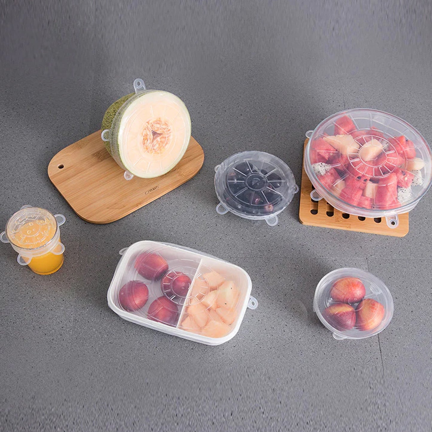 Stretchable silicone lids tightly sealing food bowls
