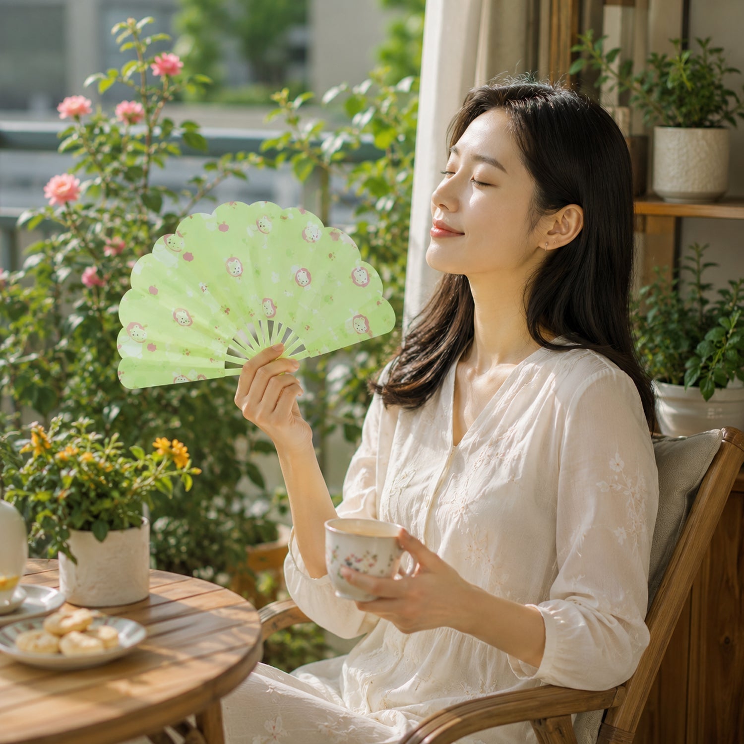 A woman sips tea on a balcony, fanning herself with a green plastic fan on a sunny day.