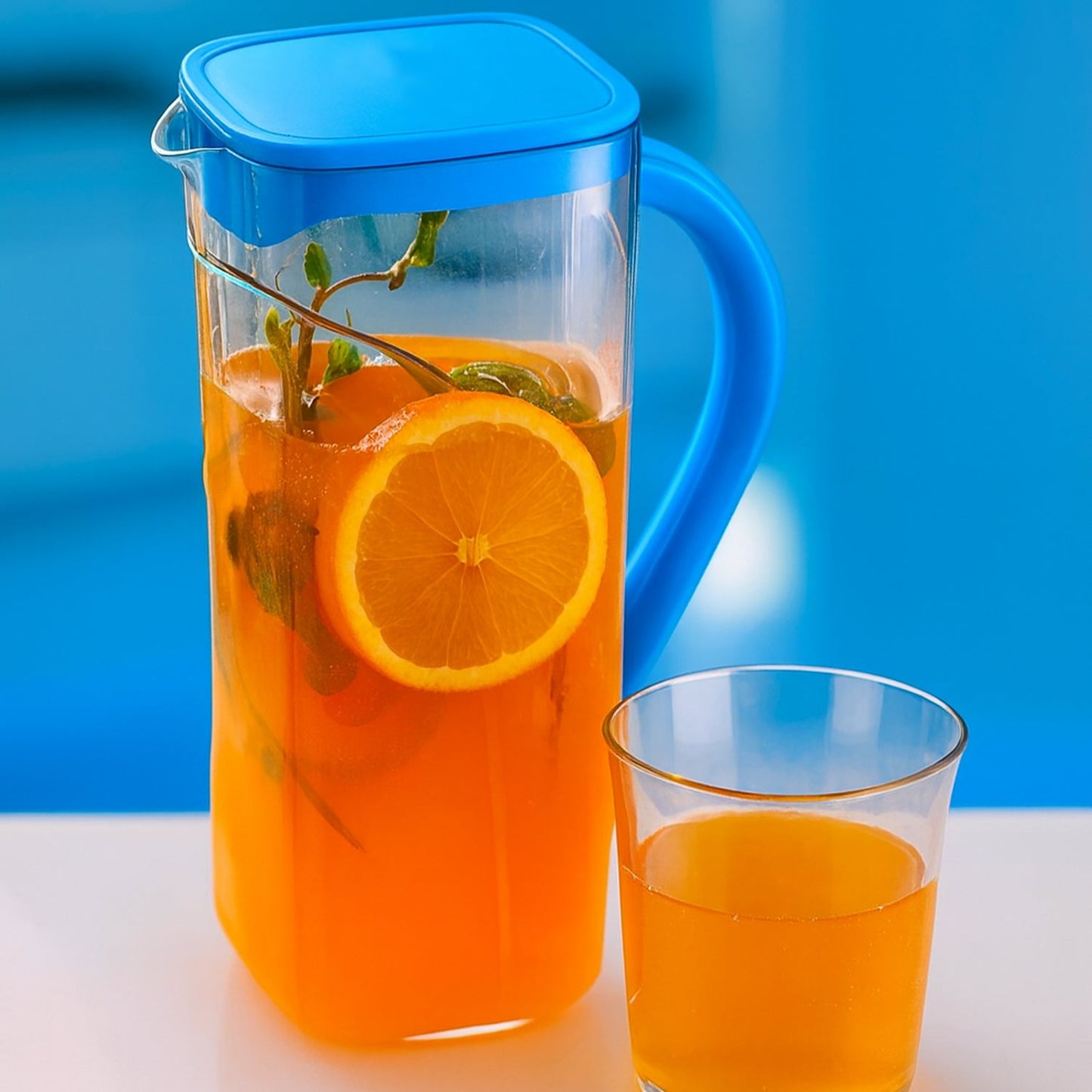 Full view of plastic water jug with lid