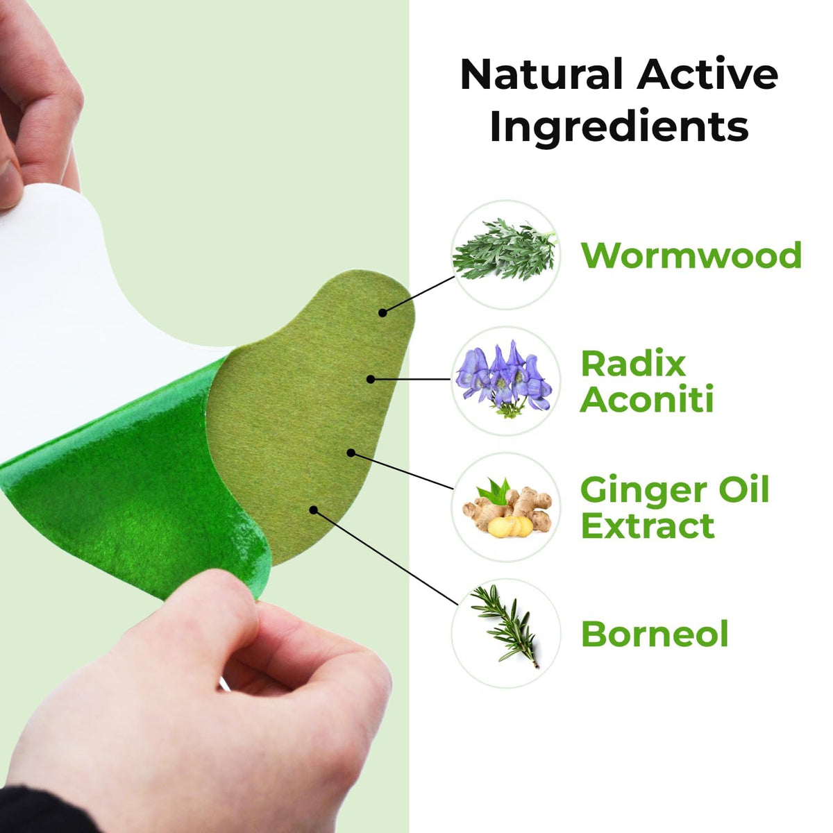 Hands peel back a layer of a green patch, revealing ingredients like wormwood, radix aconiti, ginger oil, and borneol.