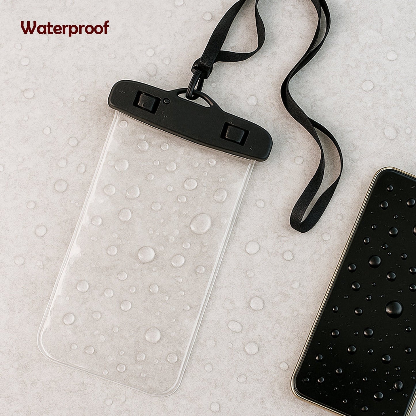 Person wearing the waterproof mobile pouch with neck strap for hands-free carrying.