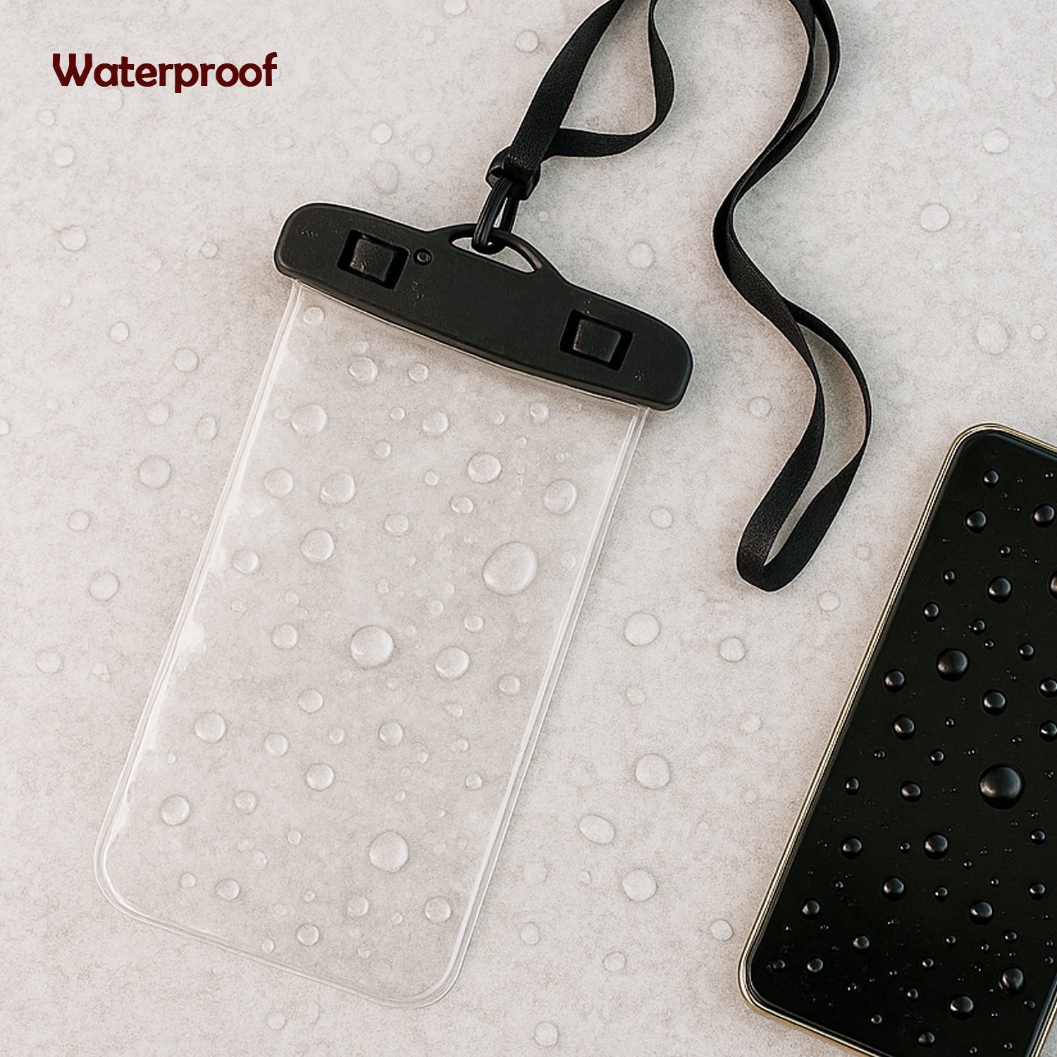 Person wearing the waterproof mobile pouch with neck strap for hands-free carrying.