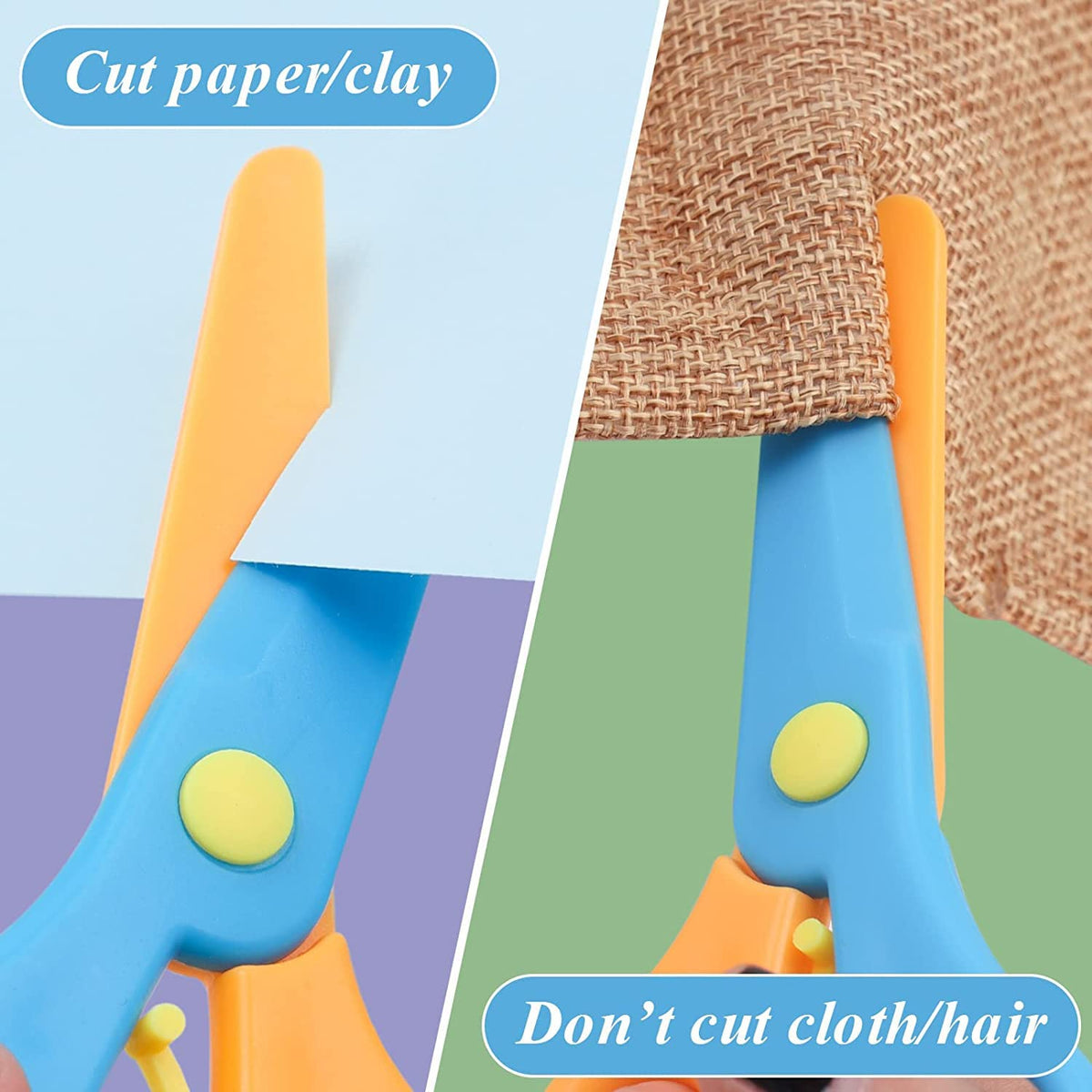 A split image showing blue and orange scissors cutting paper on the left and not cutting fabric on the right.