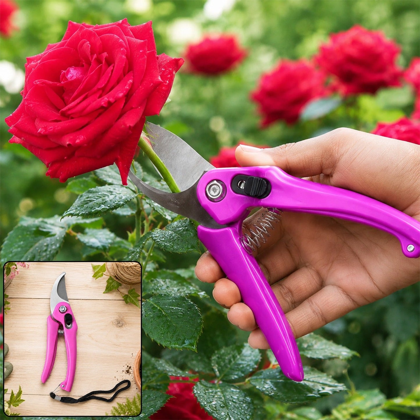 A hand holds pink pruning shears to cut a red rose stem in a garden, with an inset showing the shears on a wooden surface.