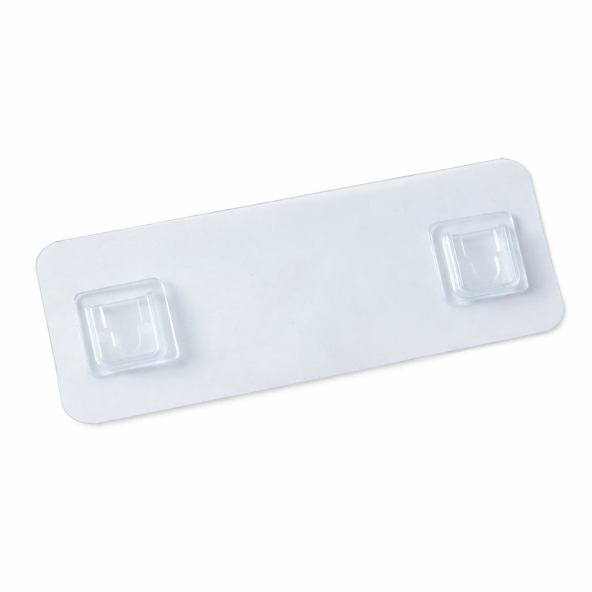 A clear plastic self-adhesive hanger with two transparent hooks is shown on a white background.