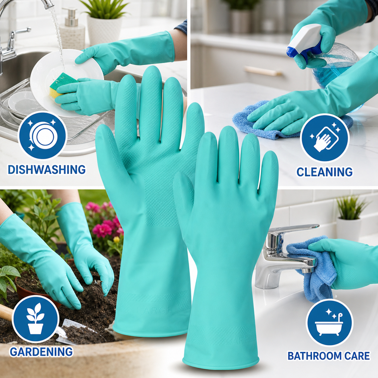 A collage shows two teal rubber gloves in the center, surrounded by four smaller images of hands wearing the gloves for