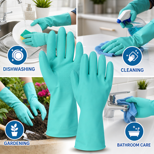 A collage shows two teal rubber gloves in the center, surrounded by four smaller images of hands wearing the gloves for