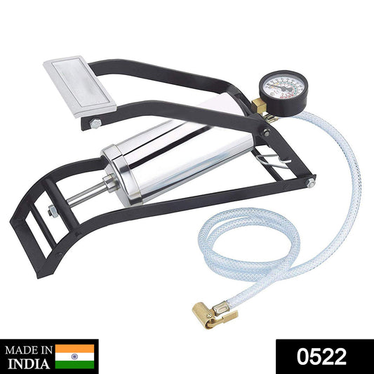 Heavy-duty steel foot pump with gauge for car and bike tires.