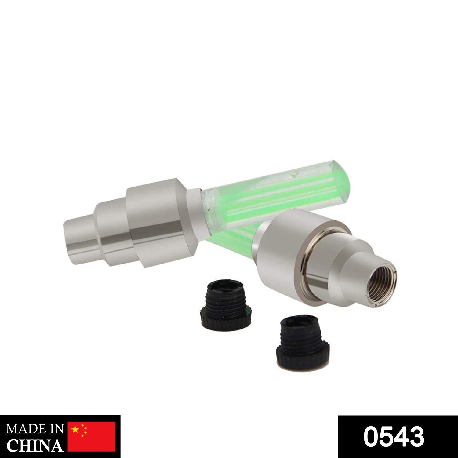 Two green LED valve cap lights with black adapters, on a white background with a 'Made in China' label.