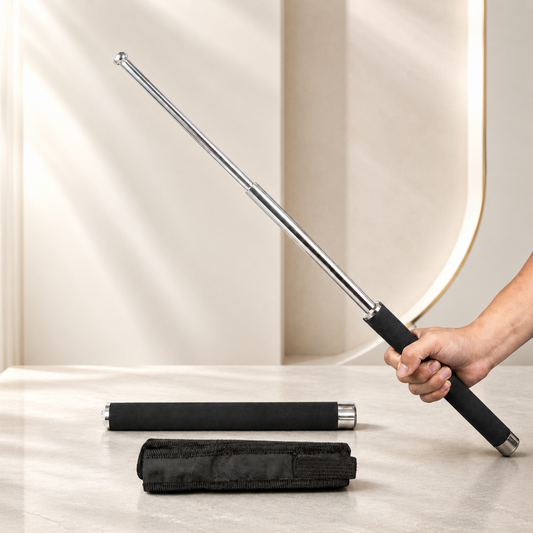 A hand holds an extended silver metal baton with a black foam grip, with a collapsed baton and black carrying case on a