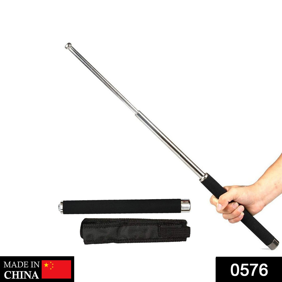 Extendable metal baton with foam handle and storage case for personal safety