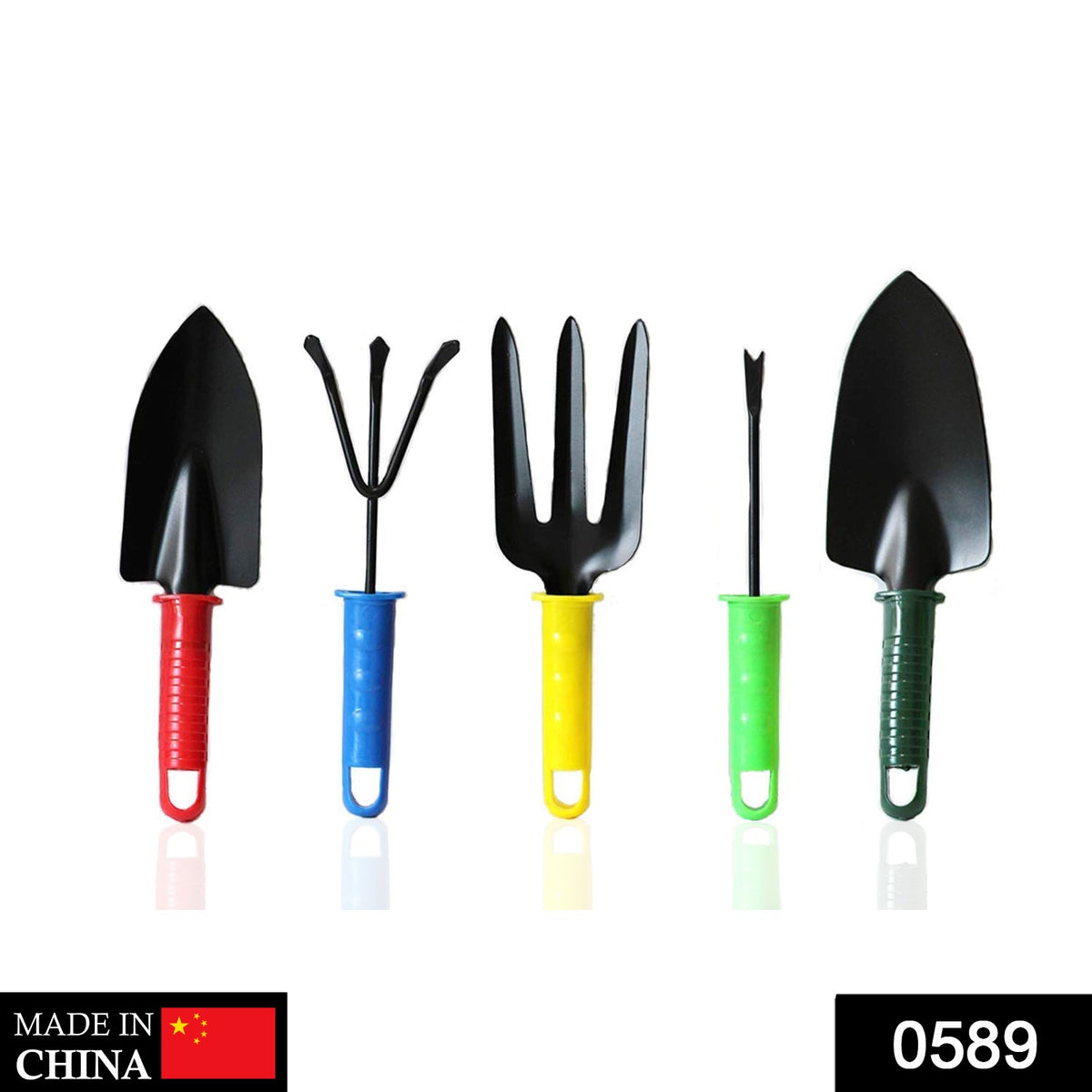 Five mini gardening tools with black metal heads and colorful plastic handles are arranged on a white background.