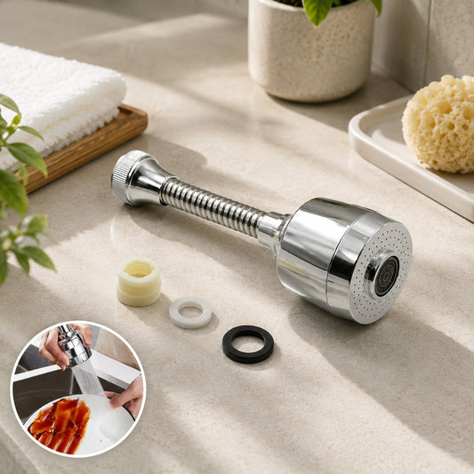 A chrome flexible faucet extension with two white and one black washer rests on a counter, with an inset showing it in use.