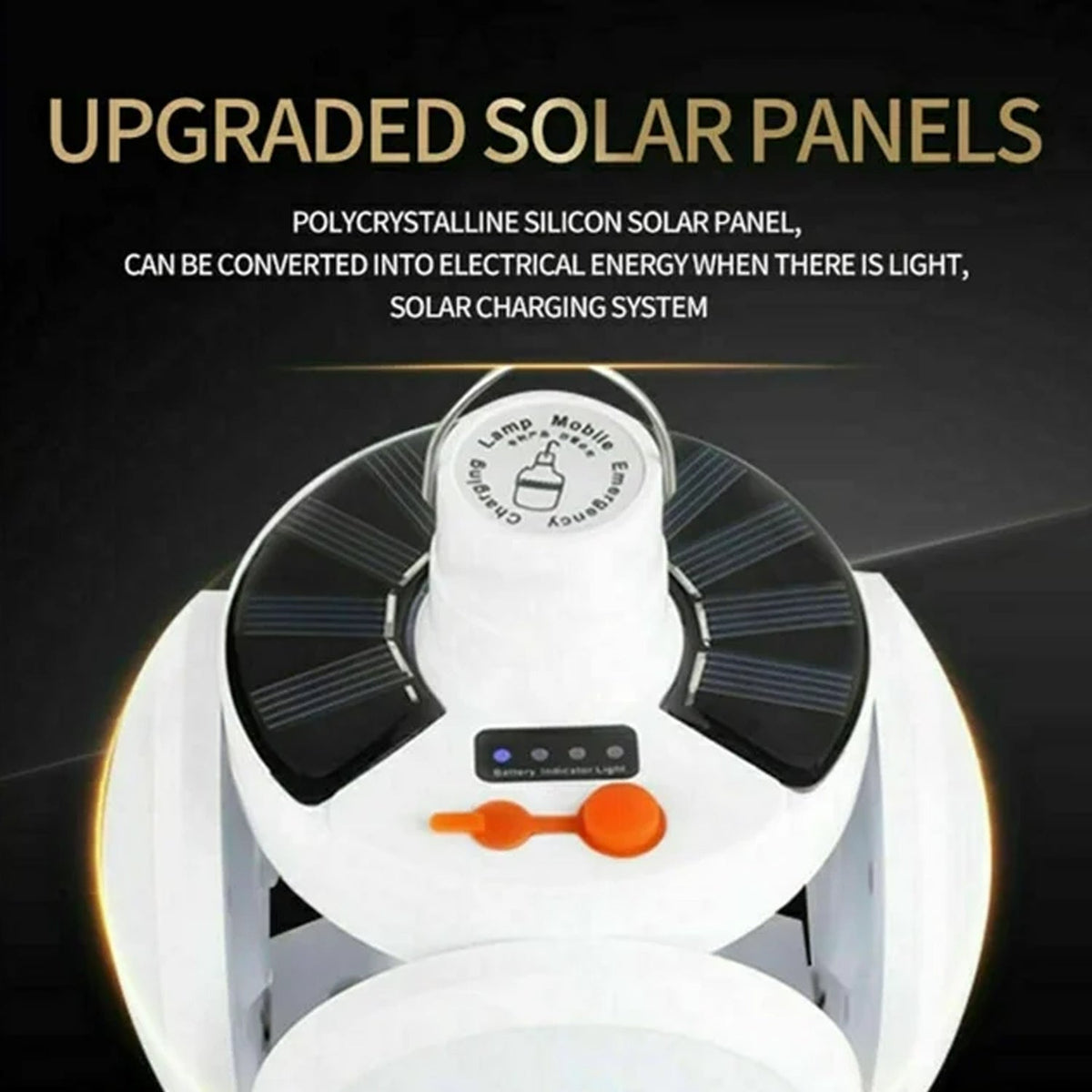 A close-up of the white camping light's top shows black solar panels and an orange power button.