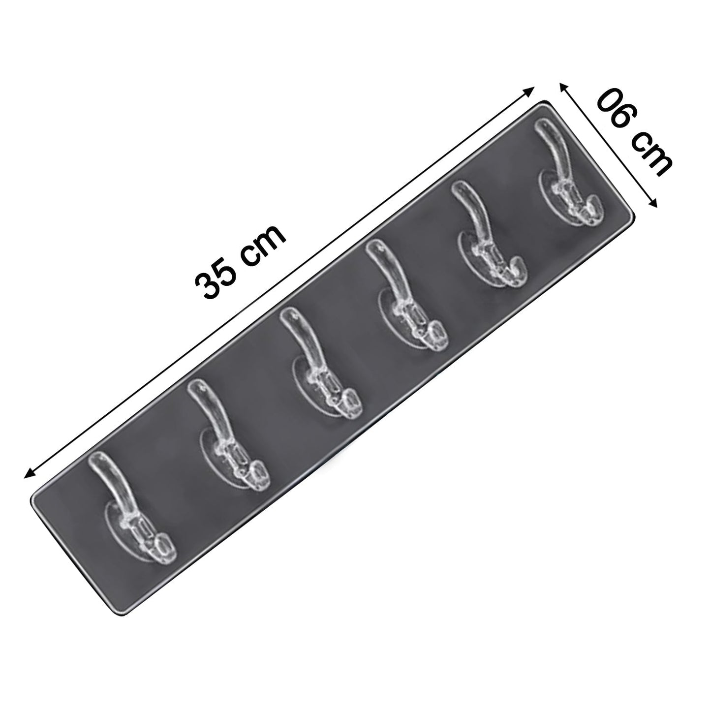 A clear plastic 6-hook adhesive wall rail is shown at an angle with dimensions of 35 cm by 6 cm.