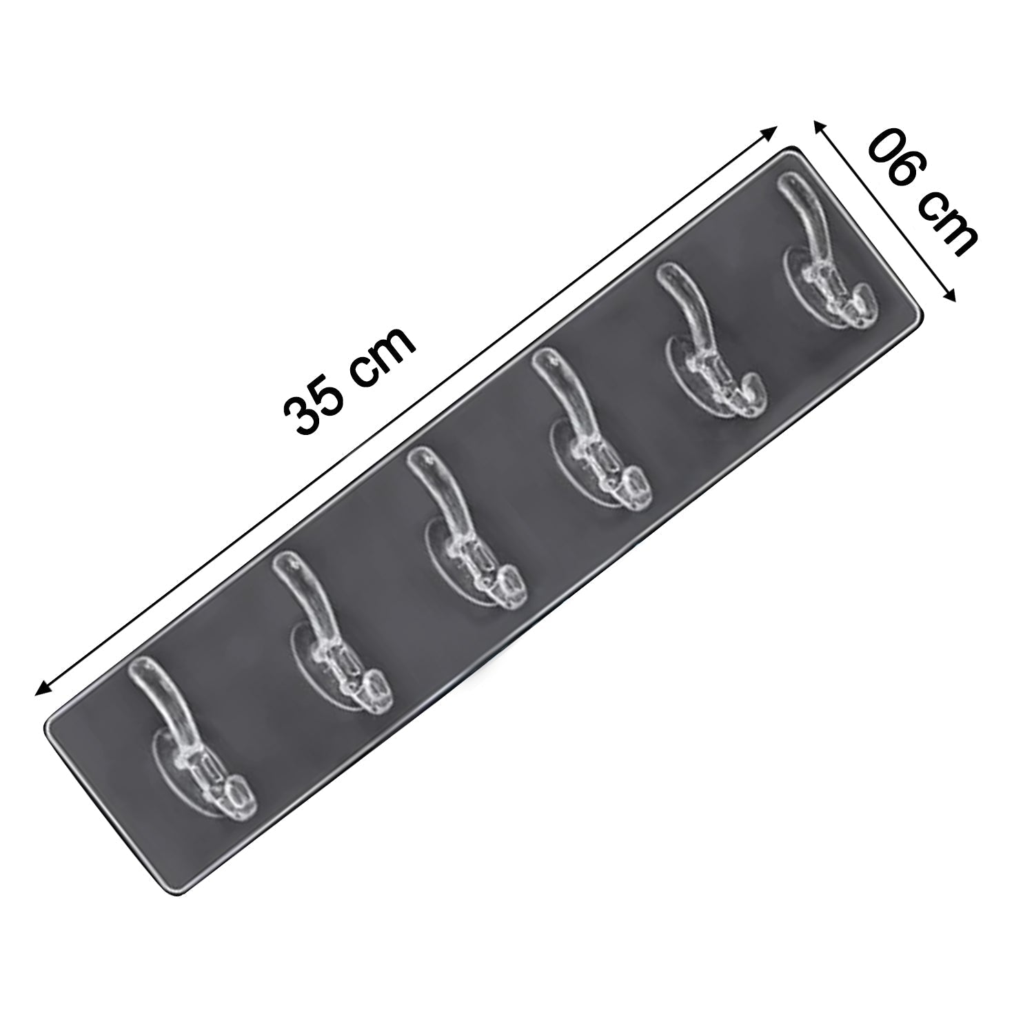 A clear plastic 6-hook adhesive wall rail is shown at an angle with dimensions of 35 cm by 6 cm.