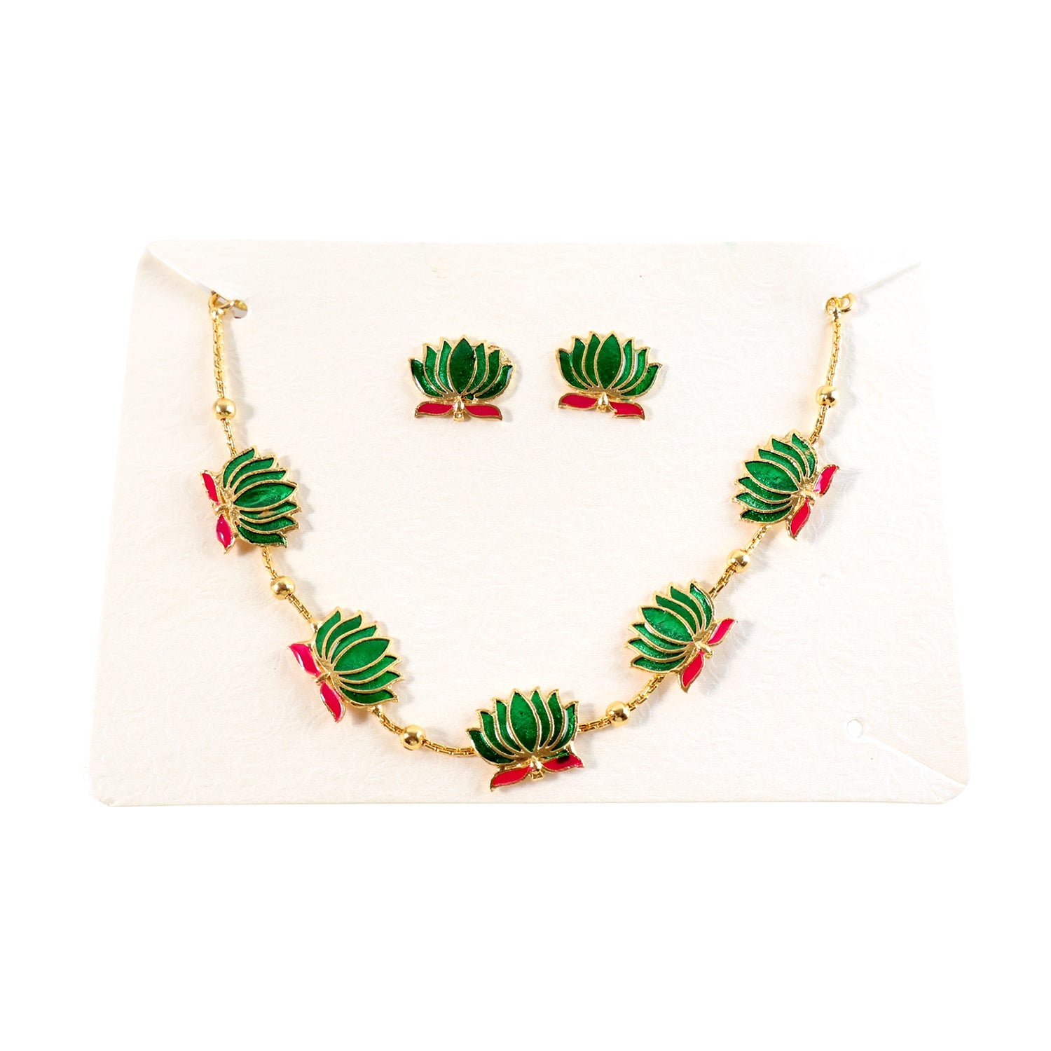 Gold-tone necklace with intricate green lotus enamel charms and matching earrings