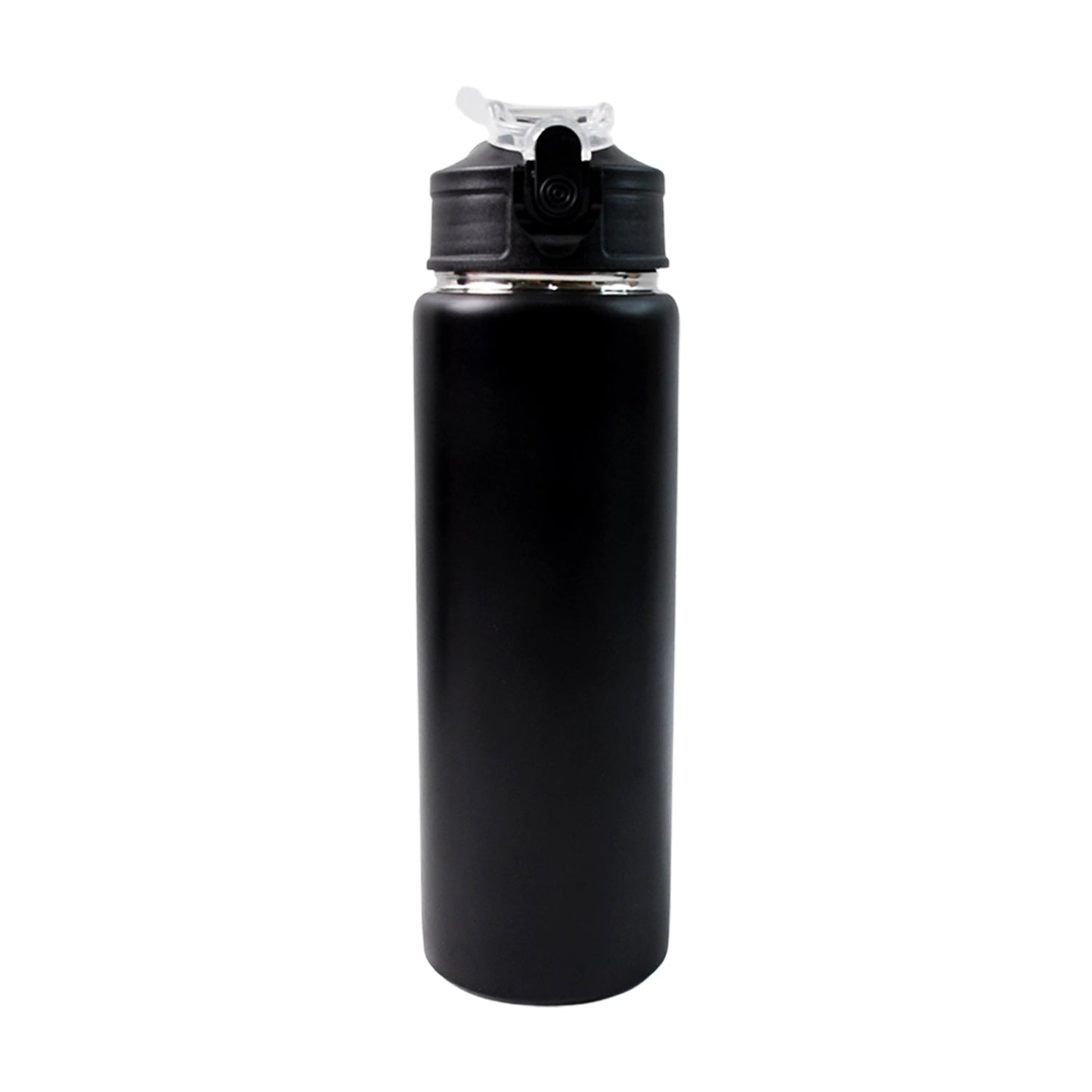 Portable stainless steel sports water bottle in sleek matte black