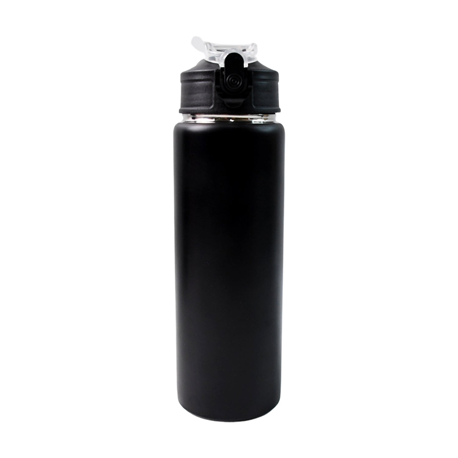 Portable stainless steel sports water bottle in sleek matte black