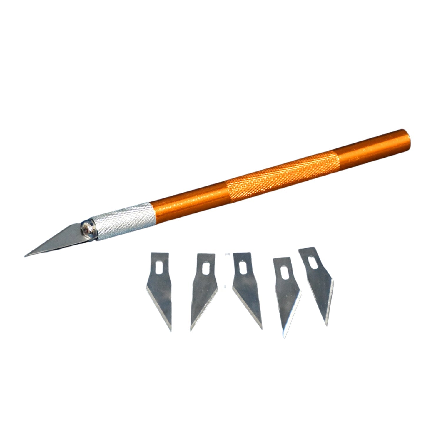 Orange precision knife with a silver grip and five interchangeable blades on a white background.