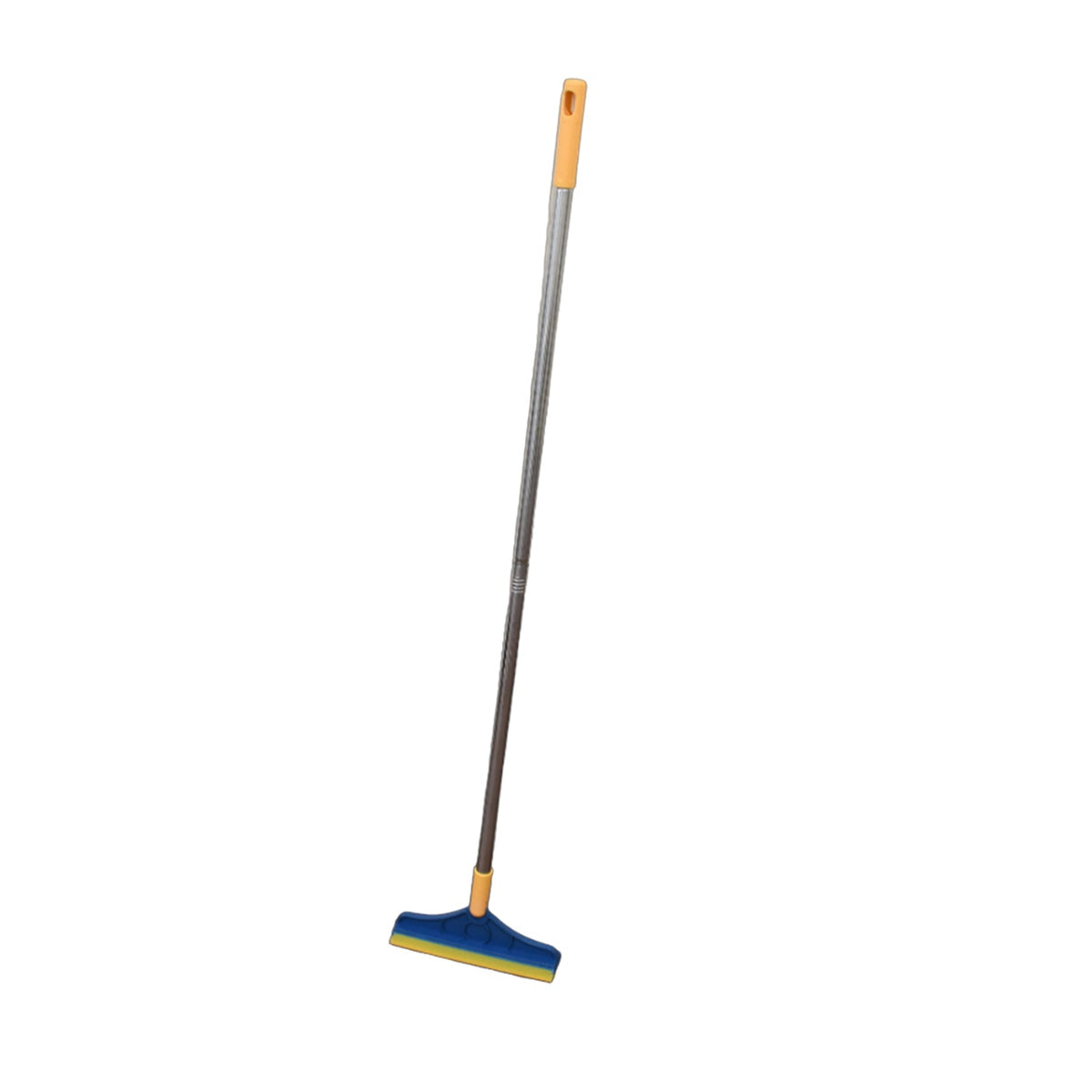 Full view of the blue and yellow floor cleaning brush with a long silver handle on a white background.