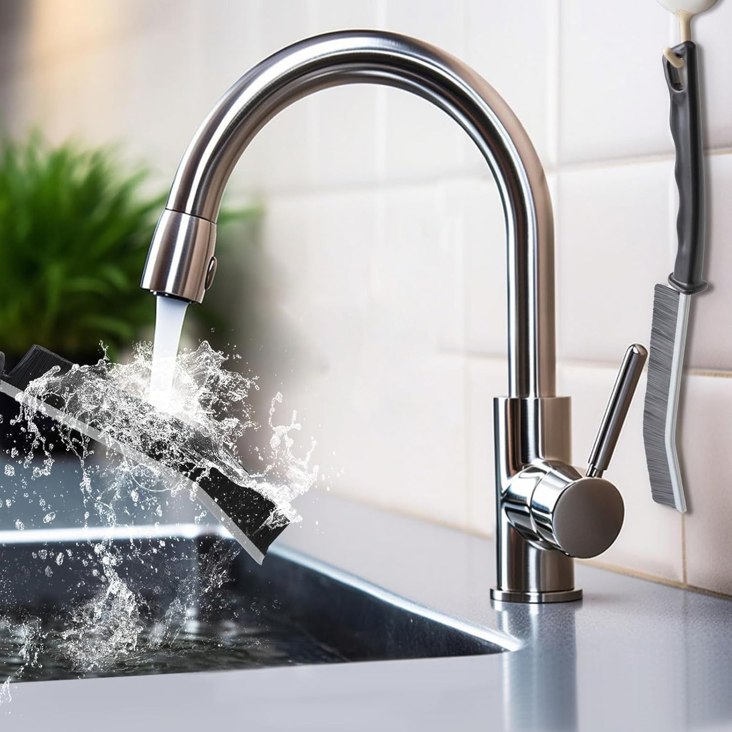 A black and gray crevice cleaning brush is being rinsed under a stainless steel kitchen faucet with water splashing.
