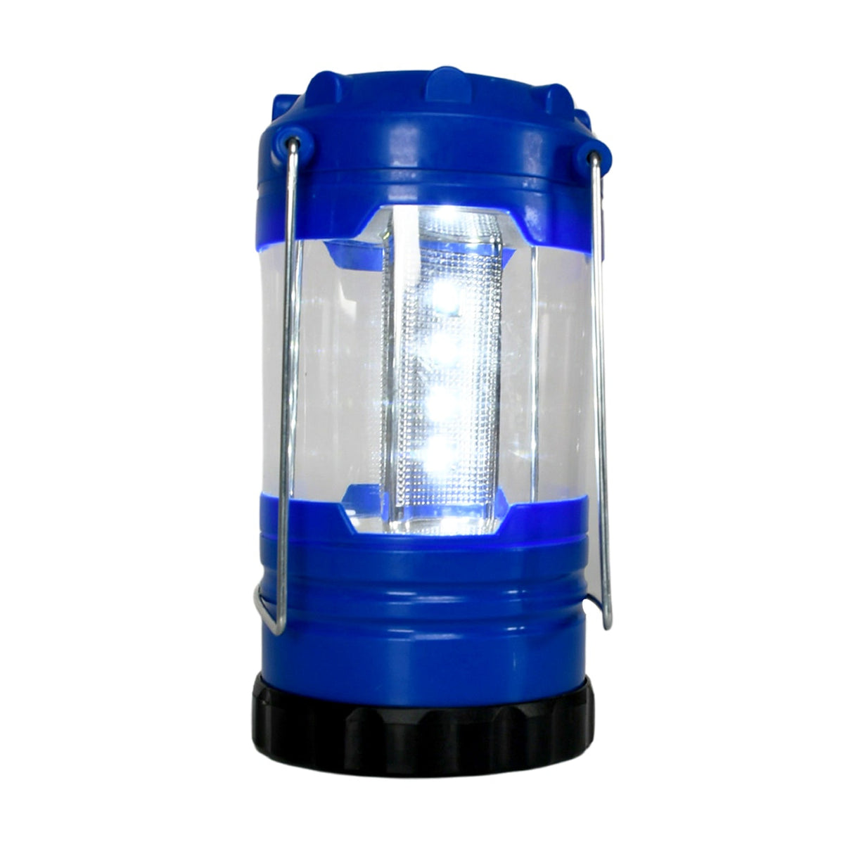 A blue and clear lantern with visible white LEDs and a black base stands upright on a white background.