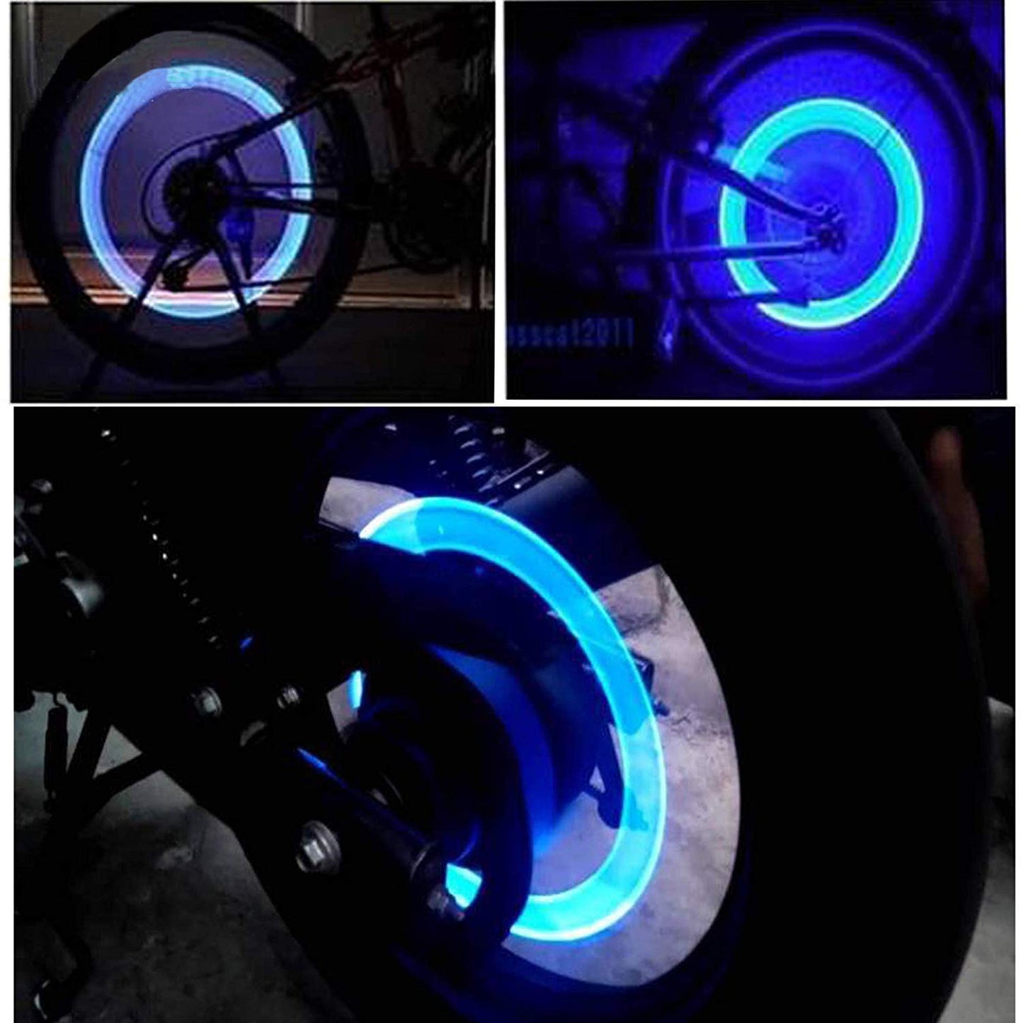 Three images of vehicle wheels with glowing blue lights, two bicycle wheels and one car wheel.