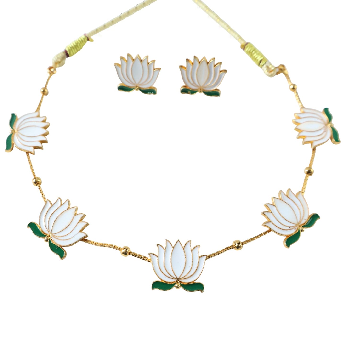 Adjustable thread white lotus necklace with stud earrings set