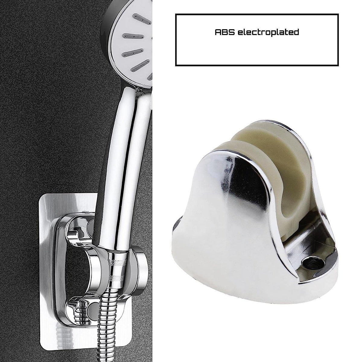 A chrome shower head holder with a beige interior is displayed next to a shower head mounted on a dark gray wall.