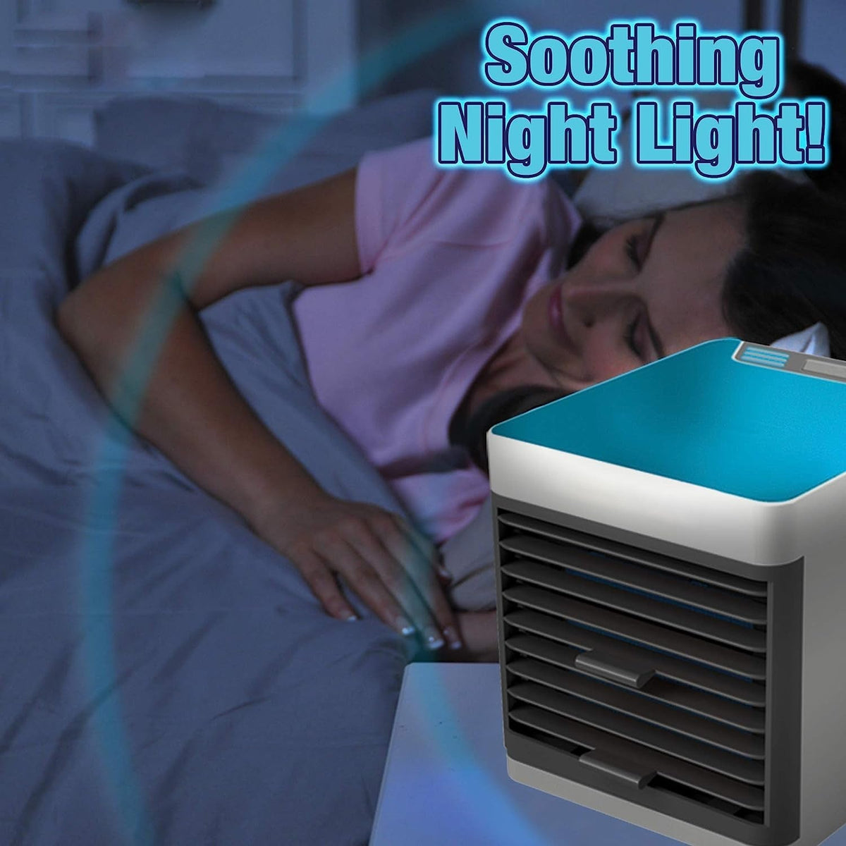 A portable air cooler with a blue top on a nightstand, emitting a soothing blue light while a person sleeps in the