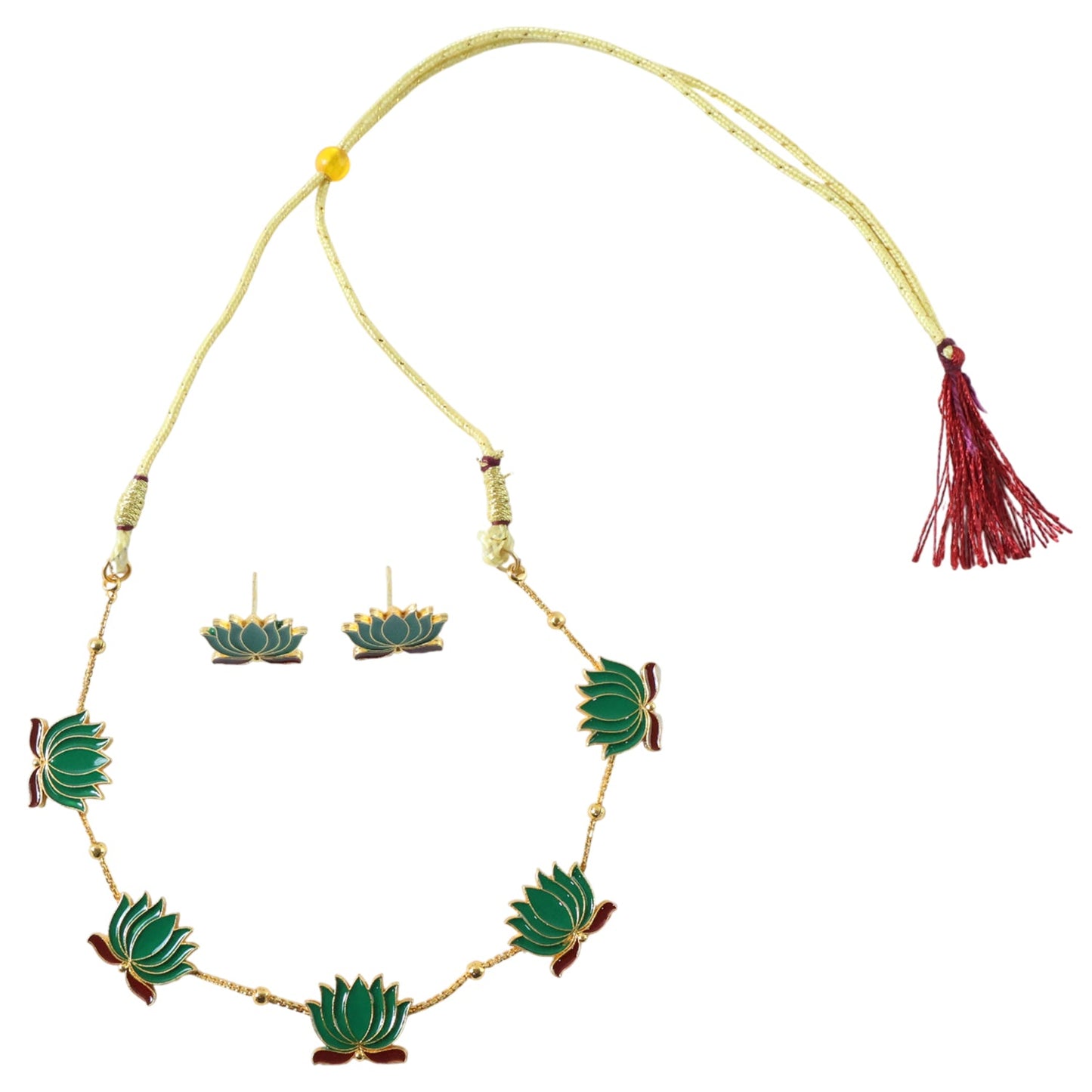 Festive wear green lotus design necklace with stud earrings set